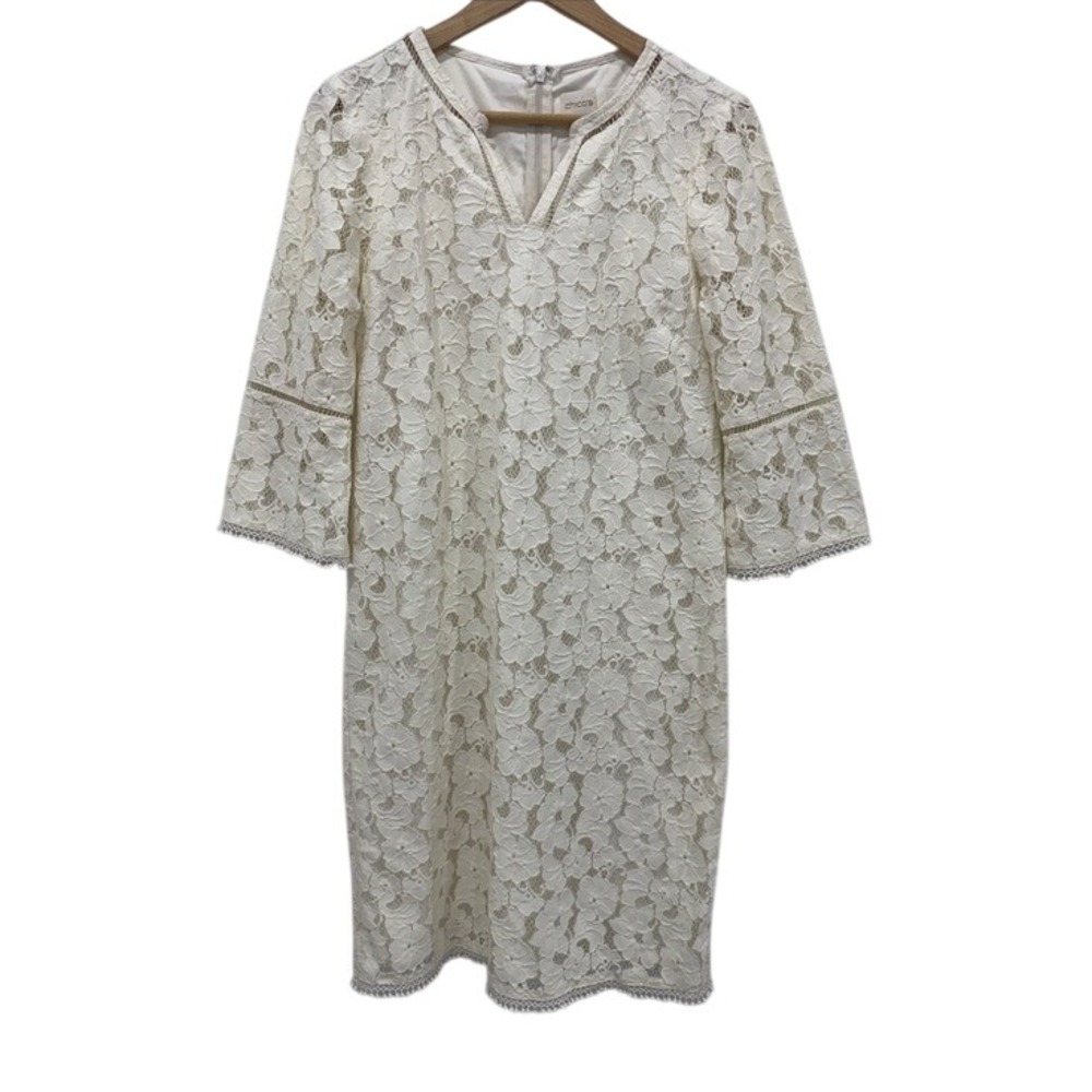 Chico's Ivory Floral Lace Sheath Dress Size 0 3/4 Sleeve Lined Midi